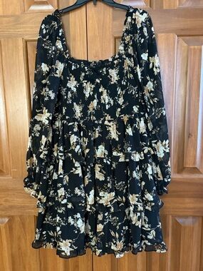 ARULA Black Floral Smocked Mini Dress